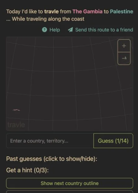 Official Travle Coast shows The Gambia to Palestine, a coastal-travel condition, and an empty guess history.