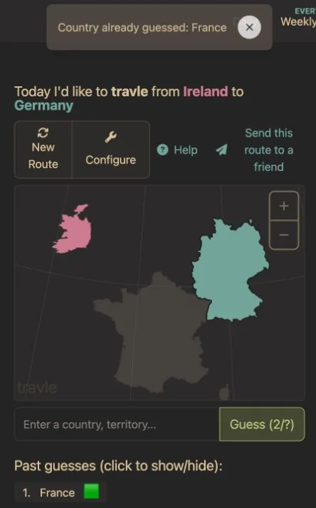 English Travle error: Country already guessed: France. France remains gray with one green history entry.