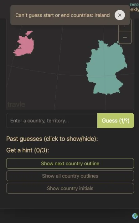 English Travle error: Can't guess start or end countries: Ireland. The guess counter is still 1.