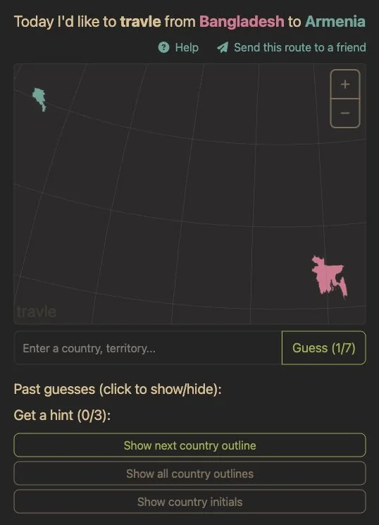 The archived Travle game shows Bangladesh to Armenia, an empty country input, Guess one of seven, and the three hint controls.