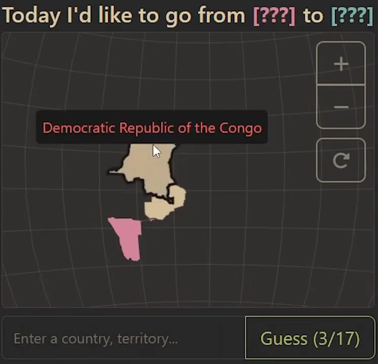 Travle gameplay: after Zambia is entered, the Democratic Republic of the Congo and Zambia are yellow and connected to pink Namibia.