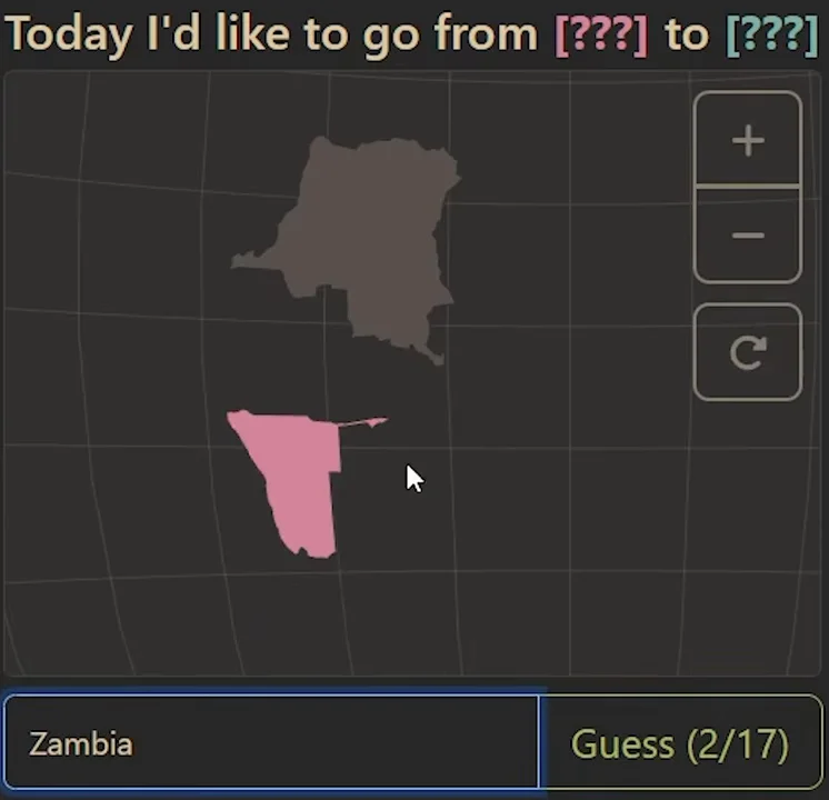 Travle gameplay: the Democratic Republic of the Congo is gray above pink Namibia, with an unfilled gap between them and Zambia typed in the input.