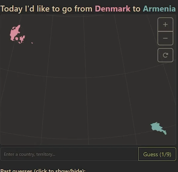Travle gameplay: denmark in pink and Armenia in teal before any guesses, with central Europe between the two endpoints.