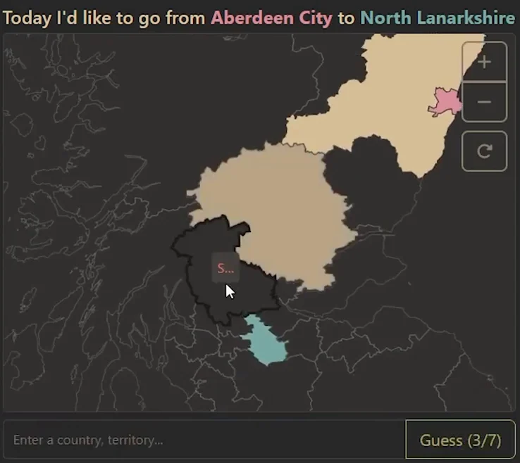 Travle gameplay: perth and Kinross is now yellow and the next council area shows an S initial above the North Lanarkshire endpoint.