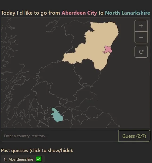 Travle gameplay: scottish council-area borders are visible after hints, while the route still contains only the first guessed area, Aberdeenshire.