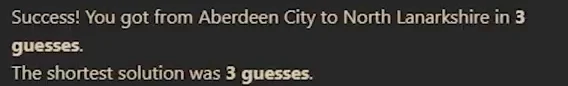 Travle gameplay: the Scottish route from Aberdeen City to North Lanarkshire finishes in three guesses, equal to the shortest solution.