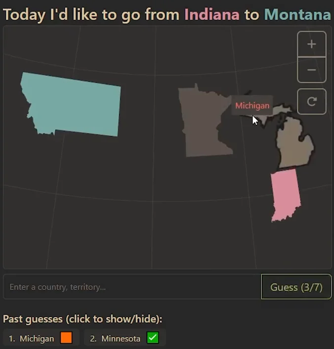 Travle gameplay: indiana and Michigan connect, but Minnesota is gray; Michigan has an orange rating while Minnesota has a green check.