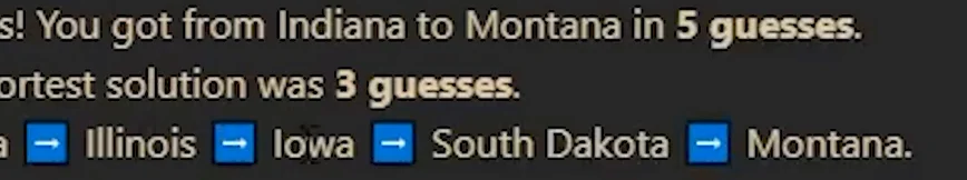 Travle gameplay: the visible US result shows five guesses used, a minimum of three, and the shorter middle states Illinois, Iowa and South Dakota.