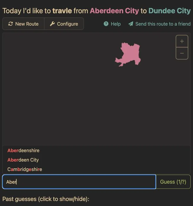 Typing Aber in Travle GBR offers Aberdeenshire and Aberdeen City as separate suggestions; the start is already Aberdeen City.