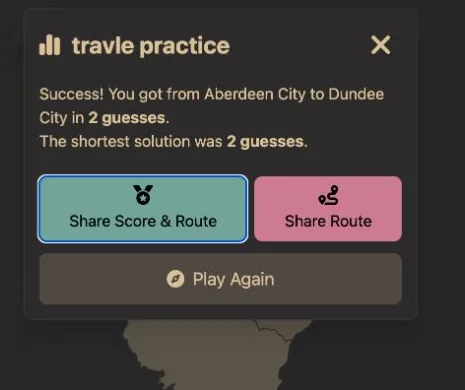 Travle Practice confirms Aberdeen City to Dundee City in two guesses, matching the shortest solution of two.