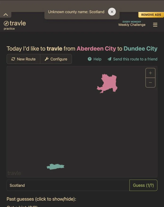 Travle GBR rejects Scotland with Unknown county name while the route asks for Aberdeen City to Dundee City.