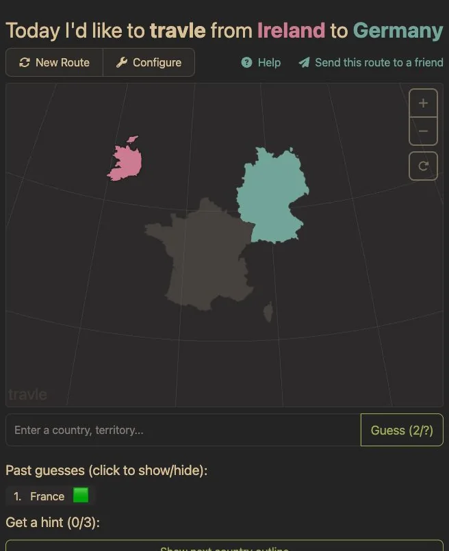 France is gray on the Ireland to Germany map even though its first guess has a green square in the Travle history.