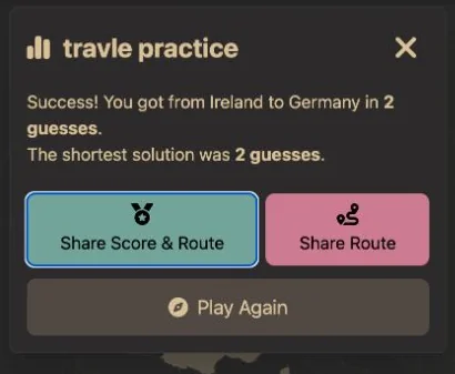 After France then United Kingdom, Travle Practice reports a successful two-guess route with a two-guess minimum.