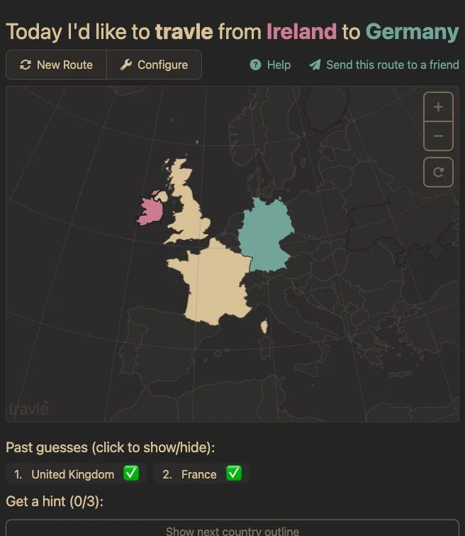 Ireland to Germany is connected through United Kingdom and France; both intermediate guesses have green checks in Travle Practice.